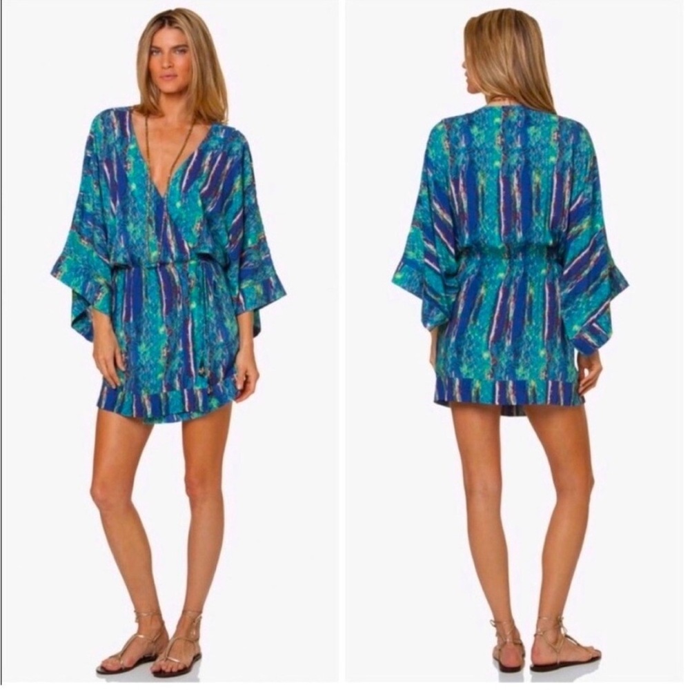 VIX Paula Hermann Blue Stone Print Wrap up Kimono Swim size Large